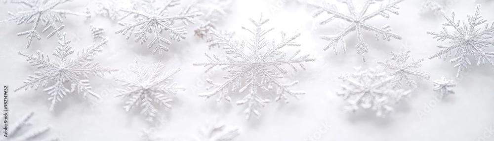 Poster a close-up of delicate snowflakes resting on a white surface, showcasing unique shapes and intricate