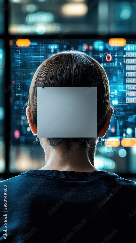 Poster a figure faces a digital interface, with a blank space where the head should be, evoking themes of t