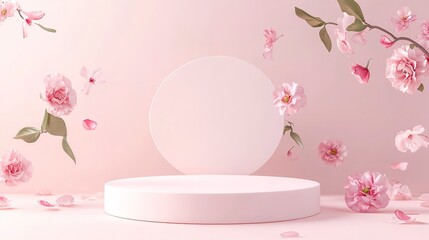Minimal abstract background with round podium for product presentation, rose pink product 3d spring table beauty stand display floral cosmetic valentine wedding easter stage scene gift mockup showcase