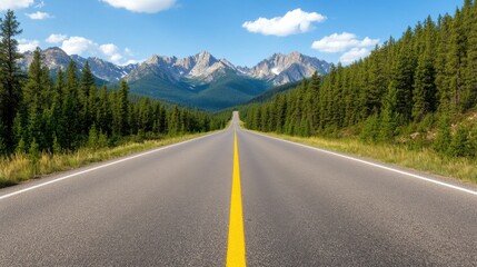Fototapeta premium A long highway stretching through a dense forest with yellow centerlines, leading towards distant mountain peaks under a clear blue sky.