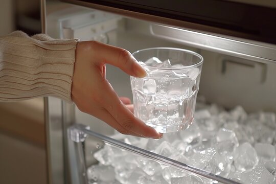 Womans Hand Retrieving a Glass of Ice Cubes from a Modern Refrigerator Ice Dispenser
