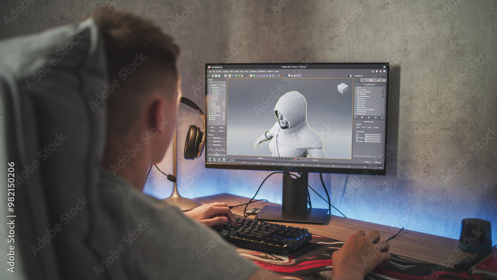 Poster caucasian teenager rendering model of game character on pc. interface of professional 3d modeling pr