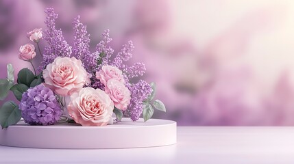 Podium background flower rose product pink 3d spring table beauty stand display nature white. Garden rose floral summer background podium cosmetic valentine easter field scene gift purple day romantic