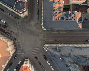 Top down aerial of a crossroad in Helsinki separated five ways © Tommi