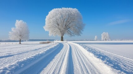Obraz premium A scenic winter landscape featuring a snowy road lined with frosty trees against a bright blue sky, evoking a peaceful and serene atmosphere perfect for seasonal greetings or winter-themed designs