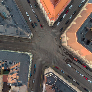 Top down aerial of a crossroad in Helsinki separated five ways