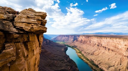 A dramatic scene of a person climbing a high cliff, with a view of a canyon and river below under a partly cloudy sky.