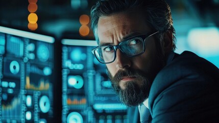 Data analyst intensely focused on analyzing digital business dashboard and visualization