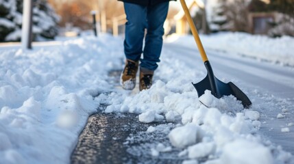 Naklejka premium Person Shoveling Snow on a Snowy Sidewalk in Winter