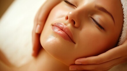 Naklejka premium Close-up of a woman's face during a relaxing spa facial massage, her skin glowing and hands gently cradling her head for a soothing experience