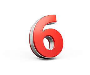 Bold Vibrant Red Number Six Number 6 With Sleek Metallic Gleam On White Background 3D Illustration