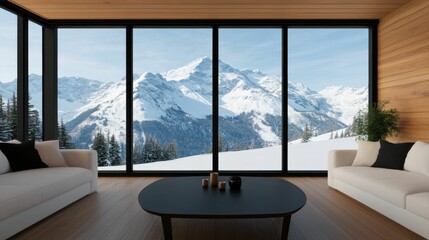 Fototapeta premium A stylish living room with floor-to-ceiling windows, revealing a stunning view of snow-capped mountains and a serene winter landscape.