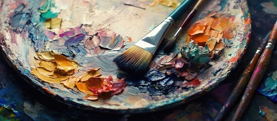 A blend of various mediums including foam oil paint and a brush displayed on a plate showcasing creativity and artistic expression