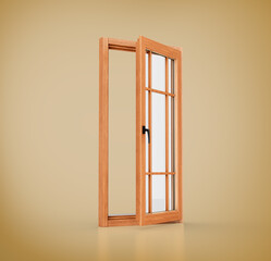 A Tall Wooden Window With Multiple Glass Panes And Black Handle For Interior Designs 3D Illustration