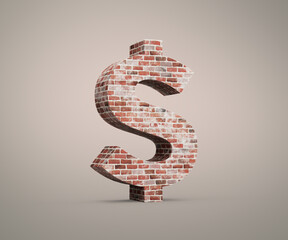 United States Dollar Currency Sign Made Of Old Grunge Texture Wall Of Bricks 3D Illustration