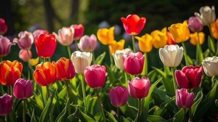 Vibrant Tulips in Full Bloom: A Colorful Spring Garden