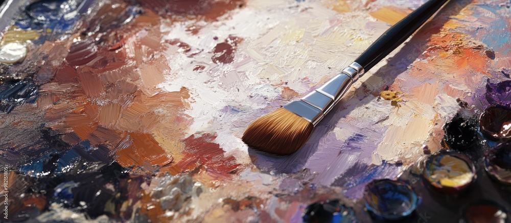 Poster mix of various mediums including paint oil and foam on a palette with a paintbrush