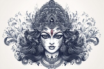 Black and White Portrait of Goddess Durga's Face in Traditional Indian Style