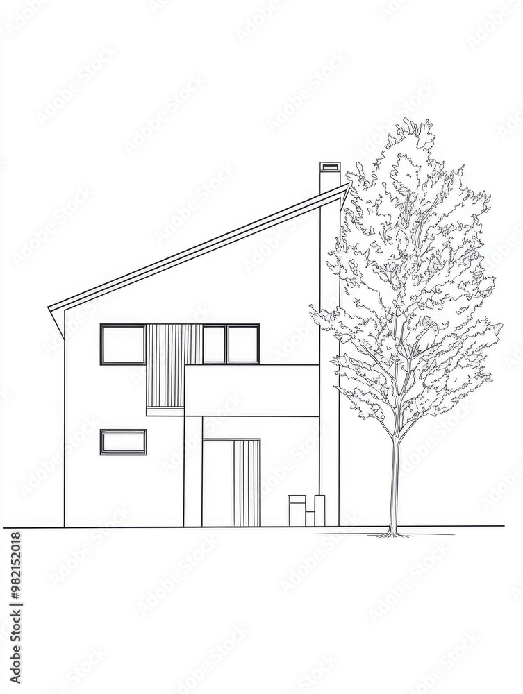 Poster minimalistic line art illustration depicting a continuous one line drawing of a house with a tree re