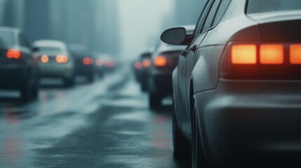 Obraz premium Car emitting exhaust in traffic, urban pollution, hyper realistic. Environmental impact