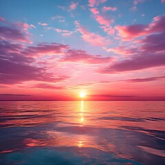 Serene sunset over a calm lake with mountains in the background and vibrant sky hues