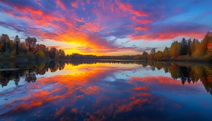 Colorful sunset reflection over a tranquil lake framed by autumn foliage, creating a breathtaking natural scene