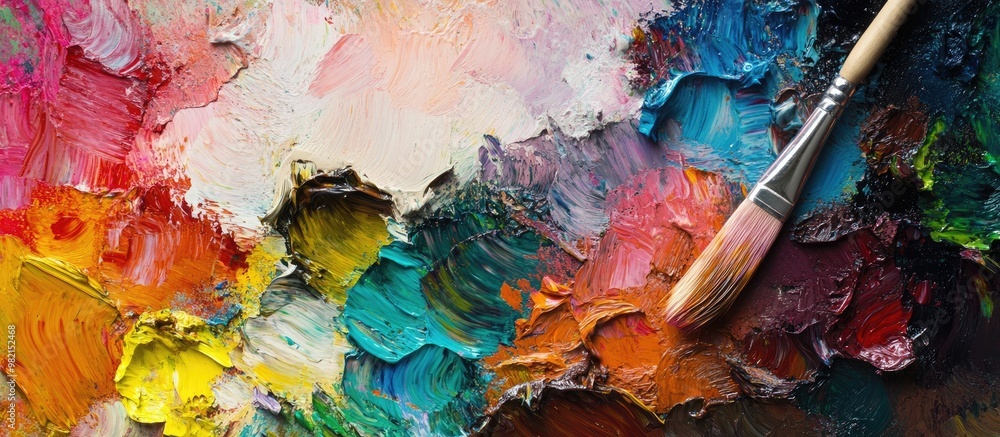 Poster mix of various mediums including paint oil and foam on a palette with a paintbrush