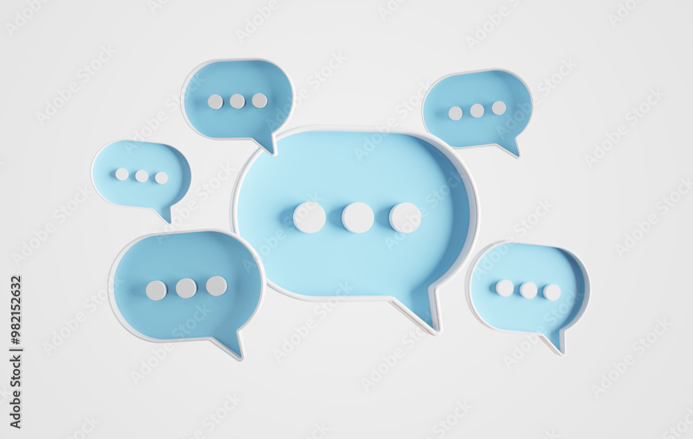Wall mural minimalist blue speech bubbles talk icons floating over white background. modern conversation or soc
