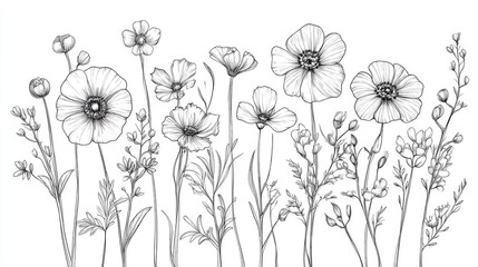 Black and white line drawing of wildflowers Floral bouquets and fine line illustrations perfect for coloring pages and botanical designs ideal for wedding invitations