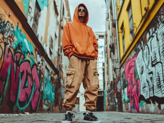 Confident Urban Youth in Vibrant Streetwear Exploring Graffiti Covered Alley