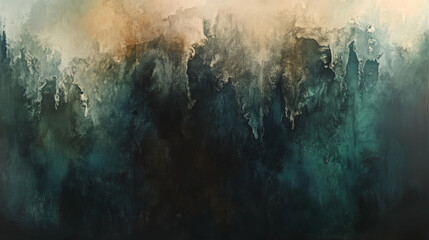 Obraz premium A rich watercolor oil painting with dark, moody tones of green, blue, and brown, creating a textured, earthy abstract background.