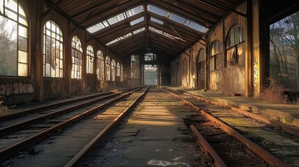 Obraz premium Abandoned Train Station with Rusty Tracks and Sunbeams
