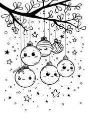 black and white kawaii Christmas illustration. Cute Christmas coloring page