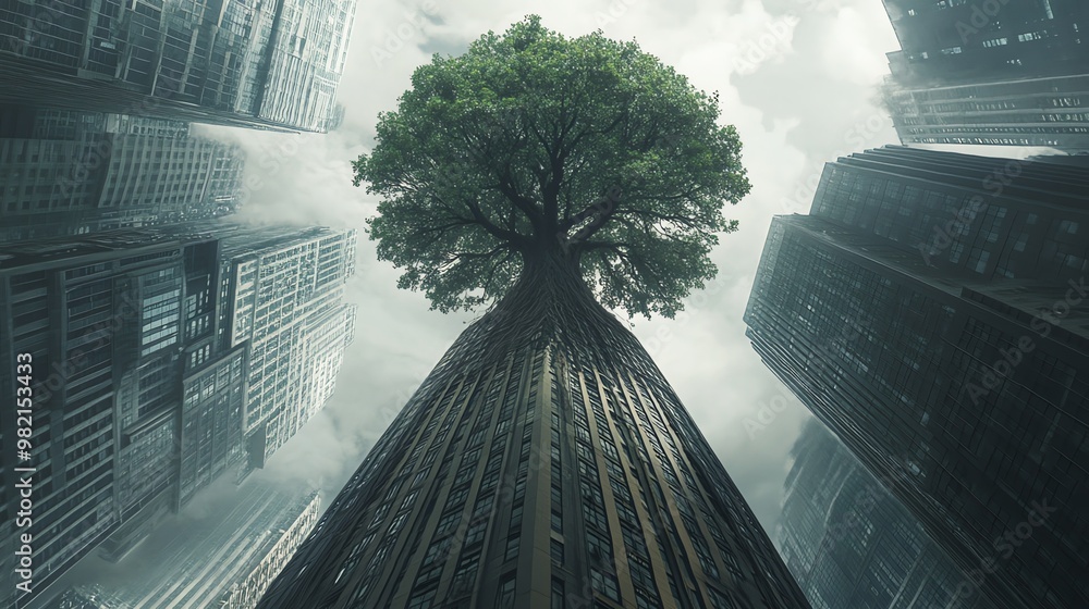 Aufkleber a large tree grows through the center of a skyscraper, creating a surreal image of nature reclaiming