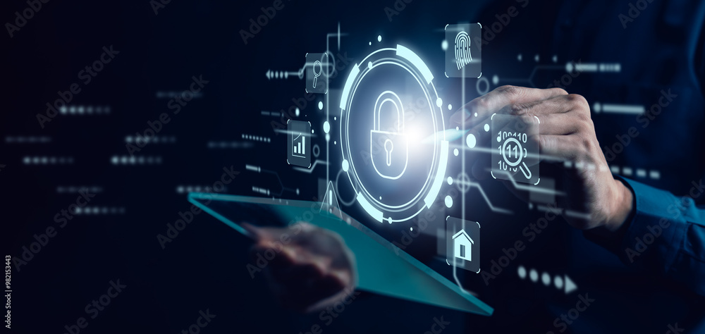 Poster cyber security and security password login online concept hands typing and entering username and pas