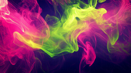 Bright streaks of neon green and pink smoke swirl together, creating a high-energy abstract background with bold, vibrant colors and flowing shapes.