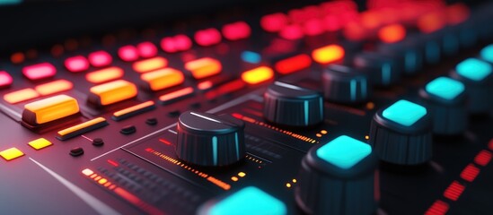Close up view of faders on an audio mixing console