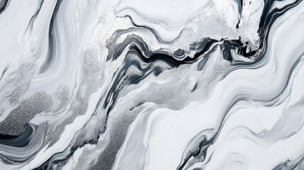 A luxurious white liquid marble with bold silver accents, swirling dynamically to create an elegant and timeless modern design.