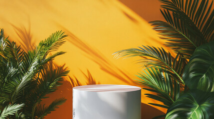 A minimalist white podium surrounded by tropical palm leaves, set against a bold orange wall for a clean and vibrant tropical backdrop.