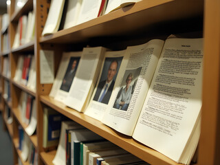 Close-Up of Diverse Bookshelf Filled with Academic Texts, Open Books Displaying Portraits of Authors and Contributors, Showcasing Educational Credentials and Biographies for Professional Learning