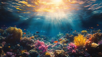 Fototapeta premium Underwater Coral Reef with Sunbeams and Fish