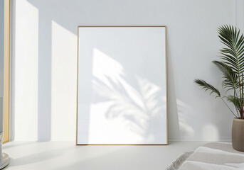 Wooden frame in a bright interior Mockup. Vertical picture lighted by the sun with soft shadows. Generative ai