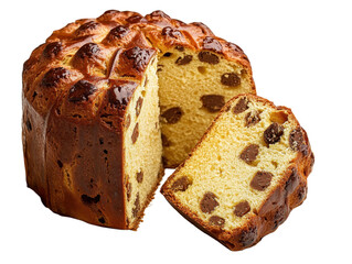 Traditional Italian panettone with raisins, cut open, on a transparent background.