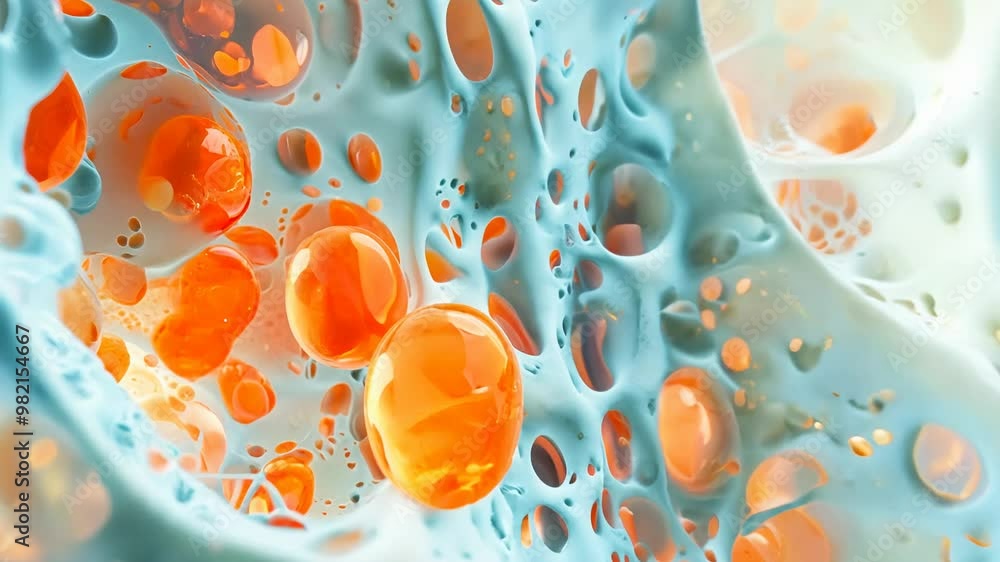 Aufkleber abstract close-up of fluidic structures with orange orbs and blue cellular pattern