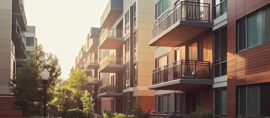 Modern apartment complex featuring windowed balconies and outdoor amenities showcasing innovative architectural design Mixed media representation of urban residential living
