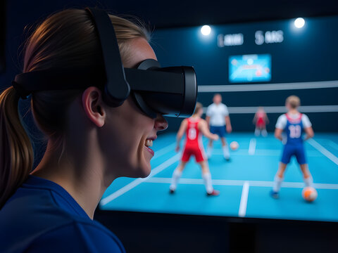 Young Woman Immersed in Joyful Virtual Reality Gaming Experience with VR Headset While Dynamic Athletes Play Colorful Sport Combining Volleyball and Badminton on Vibrant Blue Court Background