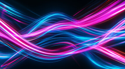 Obraz premium Vibrant neon lines in electric blue and pink crossing over a deep black background, forming a dynamic and futuristic abstract design.