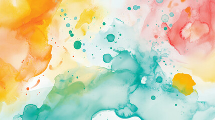 A bright and colorful watercolor abstract background with splashes of turquoise, coral, and yellow, arranged in fluid, organic shapes.