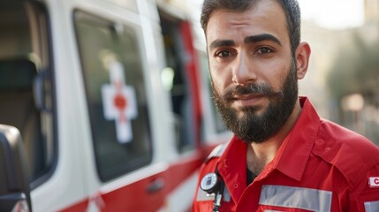 Professional paramedic ready for emergency response, standing by an ambulance.