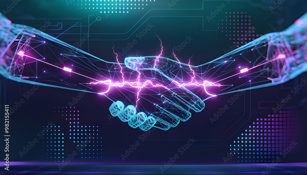 Poster digital handshake on blue technology background abstract two hands in lines connected dots